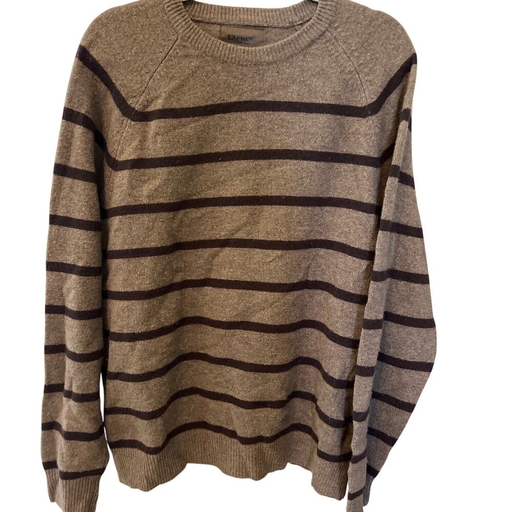 Express Mens Lambs Wool Tan & Black Striped Crewneck Sweater Size XL Vintage Y2K